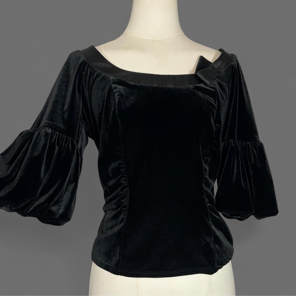 Vintage Black Velvet Boat Neck Top Half Puff Sleeve Whimsigoth Witchy Womens 8